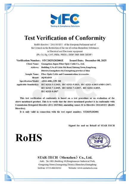 중국 Guangzhou Jiqian Fiber Optic Cable Co., Ltd. 인증